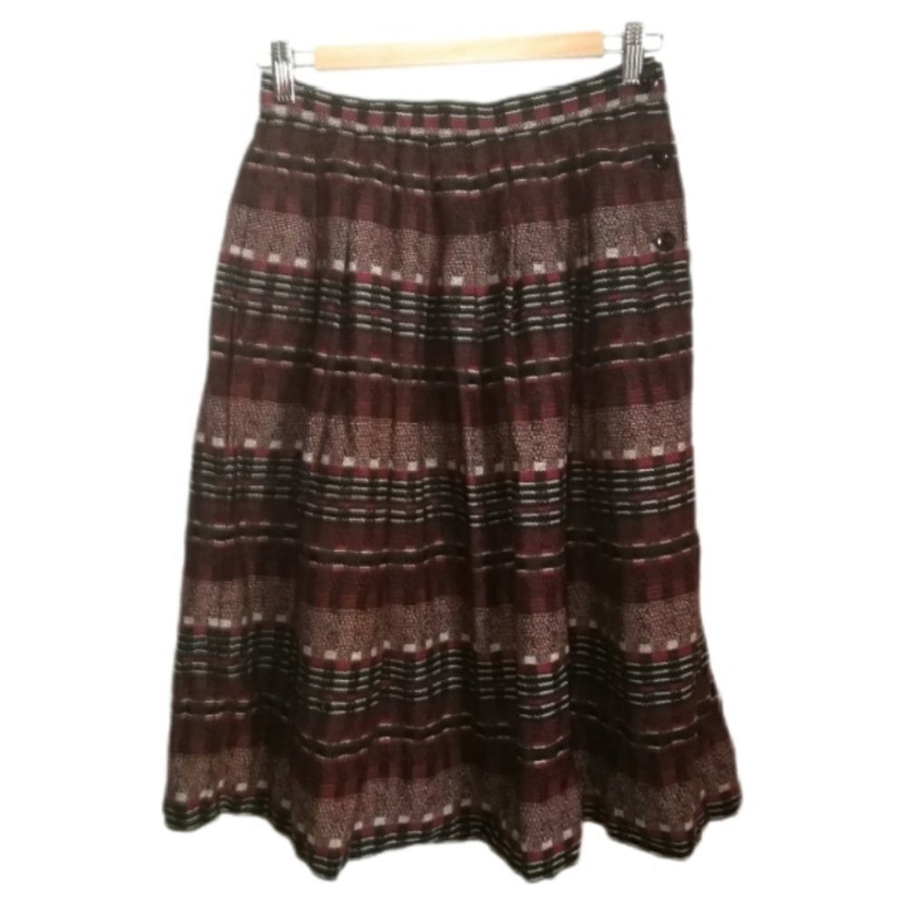 Vintage JAEGER Stripes Red & Black Pleated Wool Midi Skirt Size Medium